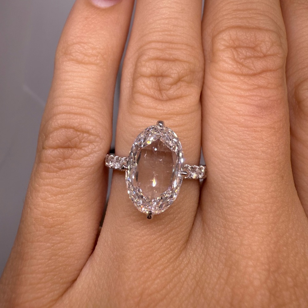4 carat G VS2 oval rose cut lab grown diamond engagement ring  compass prongs